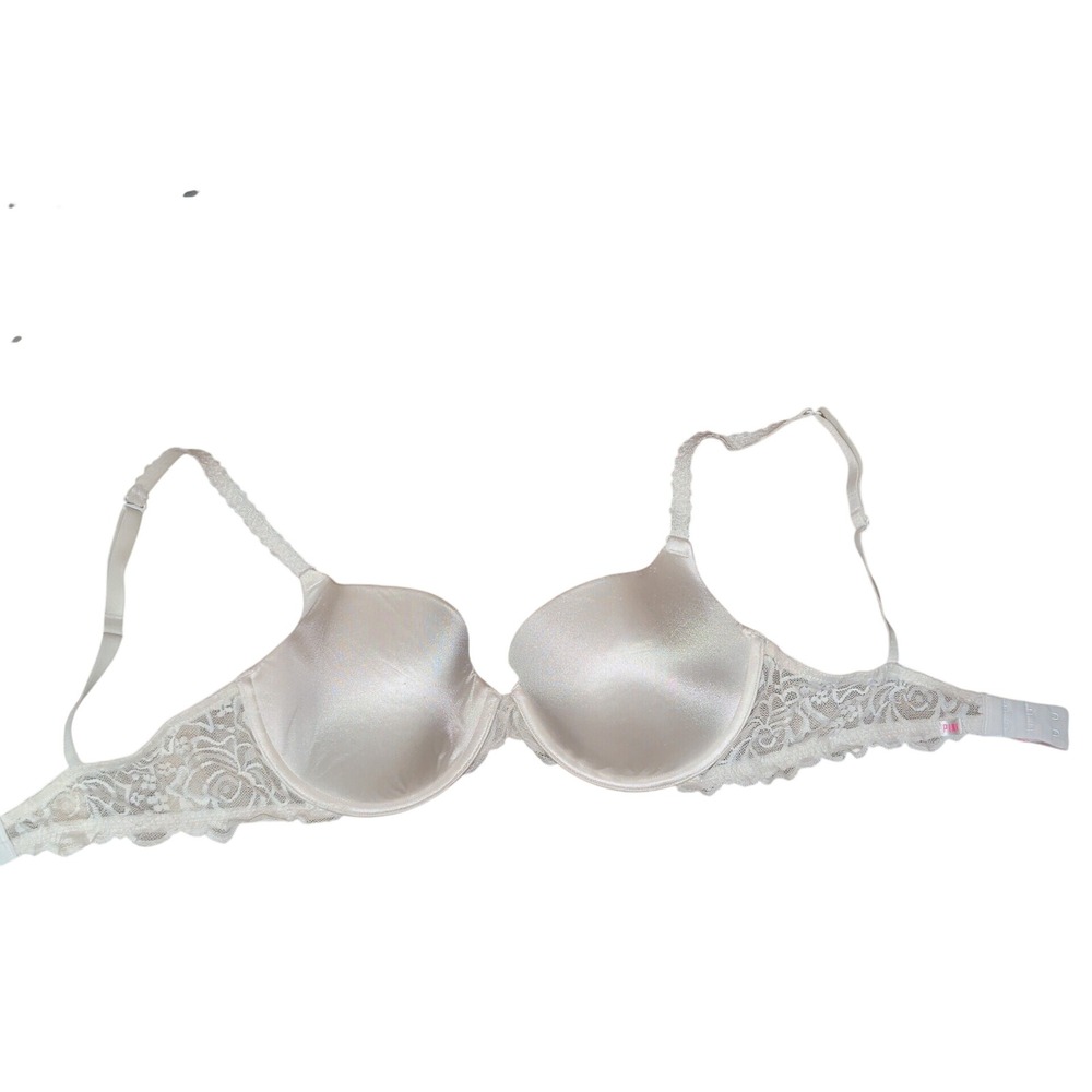 Victorias Secret PINK Wear Everywhere Push Up Bra 36D Cream White Lace Underwire